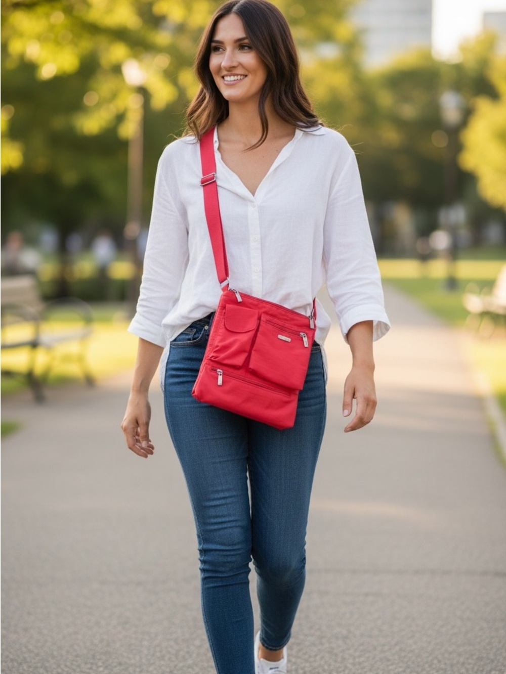 Baggallini Coral Red Multi-Pocket Crossbody - Picture 2 of 6